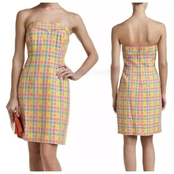 Lilly Pulitzer Boucle Fringe Bibi Strapless Check Plaid Dress Size 4 - Picture 3 of 11